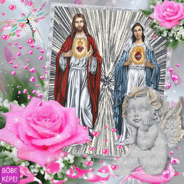 a picture of jesus and mary is surrounded by pink flowers and hearts