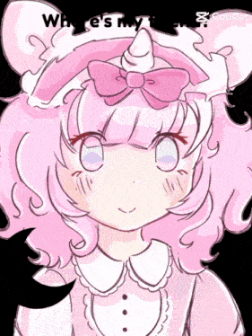 a drawing of a girl with pink hair and a hat that says where 's my