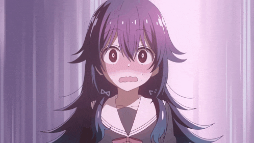 a girl with purple hair is making a funny face
