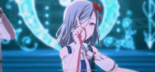 a girl with blue hair and a red bow is dancing in a video game .