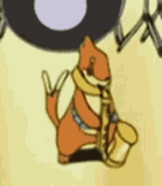 a cartoon cat is playing a trumpet and a drum .