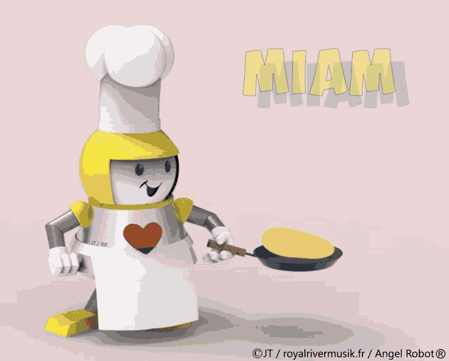 a robot with a chef 's hat and apron is holding a frying pan with the word miam written above it