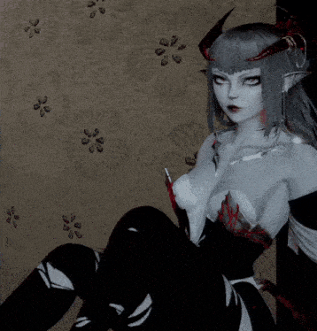 a woman with horns on her head is sitting in front of a wall with flowers