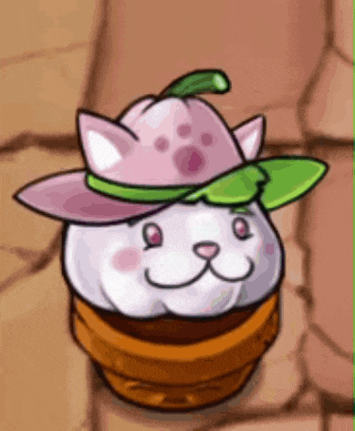 a cartoon cat wearing a pink hat with a green leaf on it .