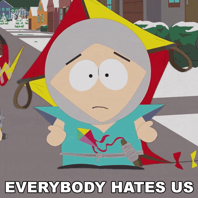 a cartoon character with a kite and the words " everybody hates us " below him