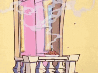 a cartoon drawing of a room with paintings on the wall