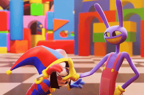 a jester and a purple rabbit are standing next to each other in front of colorful blocks