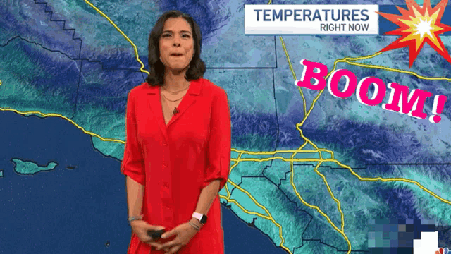 a woman in a red dress is standing in front of a map that says temperatures right now boom