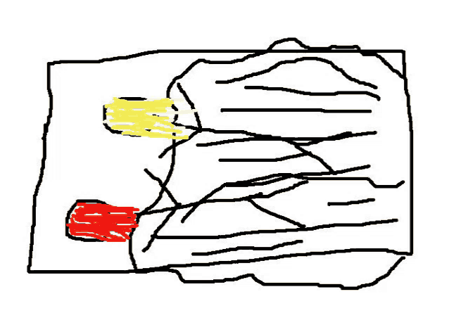 a black and white drawing of a landscape with a red object in the middle .
