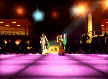a couple of people dancing on a purple floor