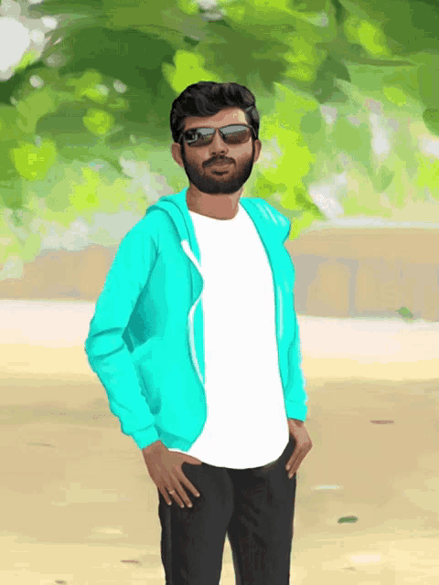 a man with a beard wearing sunglasses and a blue hoodie