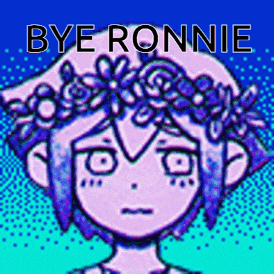a pixel art of a girl with a flower crown on her head and the words bye ronnie below her