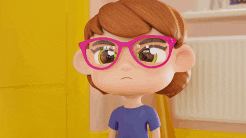 a cartoon girl with glasses is holding a brush