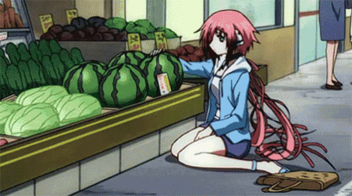 a girl is kneeling in front of a display of watermelons
