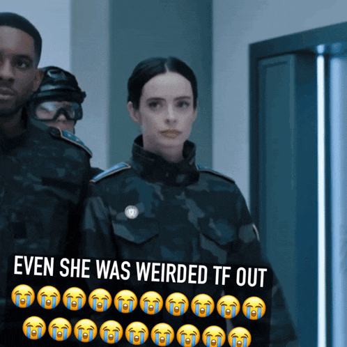 a picture of a woman in a military uniform with the caption " even she was weirded tf out " on the bottom