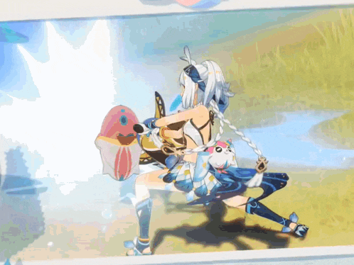 a cartoon character is holding a sword and a shield
