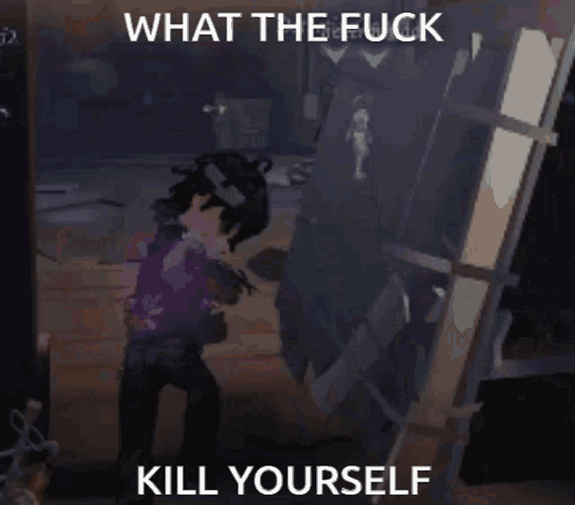 a video game character is standing in front of a door with the words " what the fuck kill yourself " on the bottom
