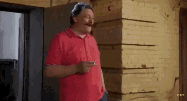 a man in a red shirt is standing in front of a brick wall
