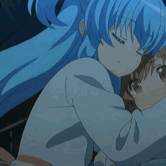 a blue haired anime girl is hugging another girl
