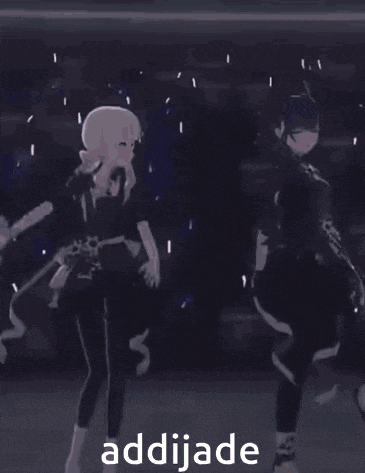 two anime characters are dancing in front of a sign that says addijade