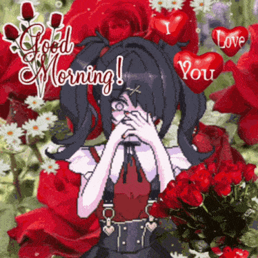 a pixel art of a girl covering her face with a bouquet of red roses and hearts saying good morning