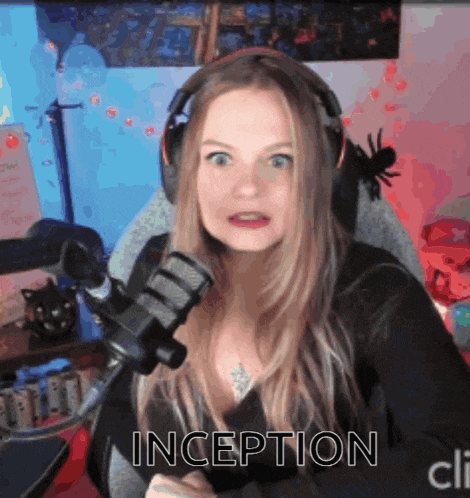 a woman wearing headphones is sitting in front of a microphone with the word inception below her