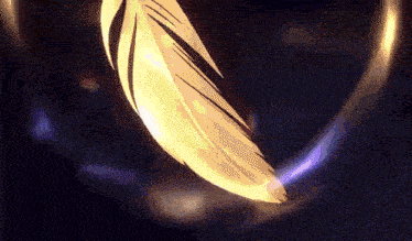a yellow feather is floating in the air with a purple glow behind it .