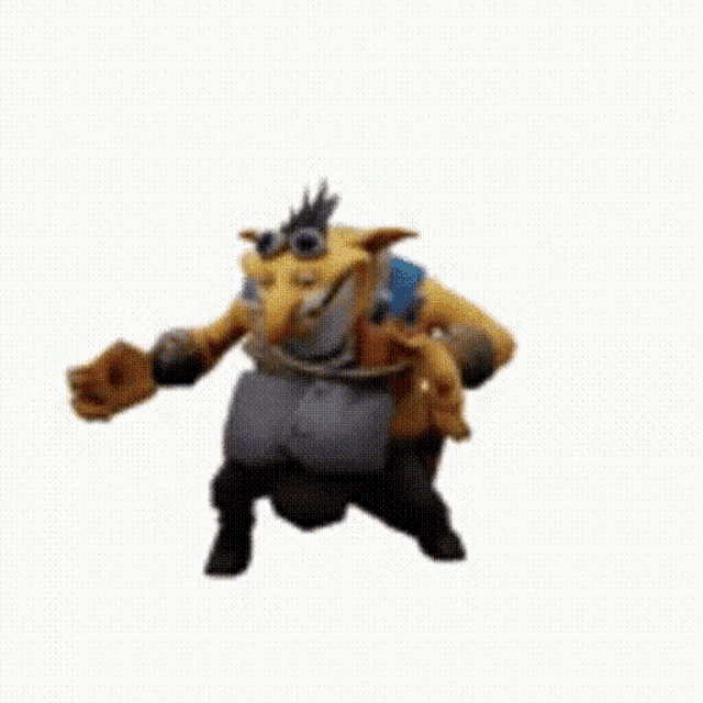 a cartoon character is standing on a white background and looking at the camera .