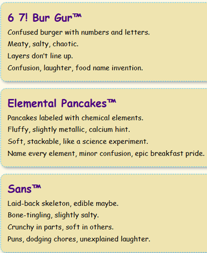a list of pancake flavors including 6 7 bur gur