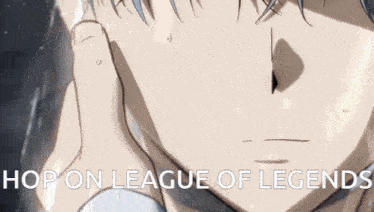 a close up of a person 's face with the words `` hop on league of legends '' written in the corner .