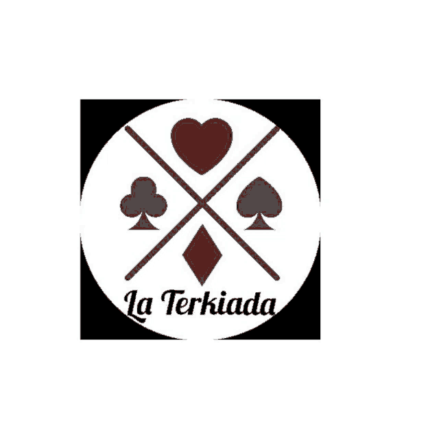 a logo for a company called la terkiada with playing cards crossed over each other in a circle .