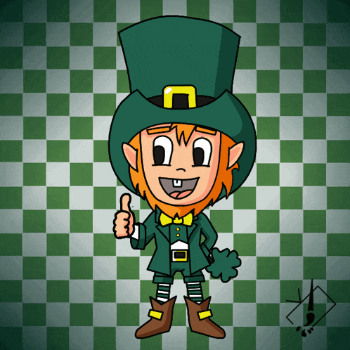 a cartoon leprechaun is giving a thumbs up on a checkered background