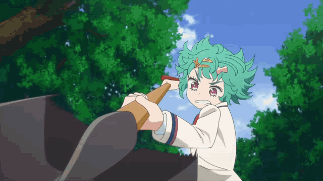 a girl with green hair is holding a wooden stick in her hand