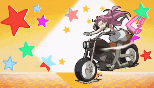 a girl with long pink hair is riding a motorcycle with stars in the background