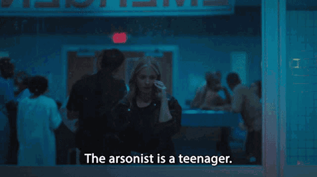 a woman talking on a cell phone with the words " the arsonist is a teenager " above her