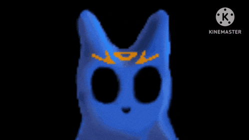 a drawing of a blue cat with black eyes and a crown on its head