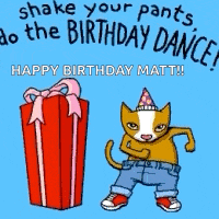 a birthday card with a cat shaking his pants in front of a gift box