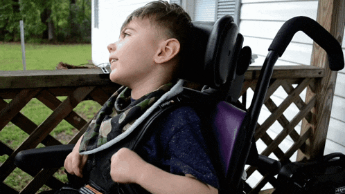 a young boy sits in a wheelchair with a purple backrest
