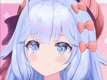 a close up of a anime girl with long white hair and blue eyes wearing a headband with bows in her hair .
