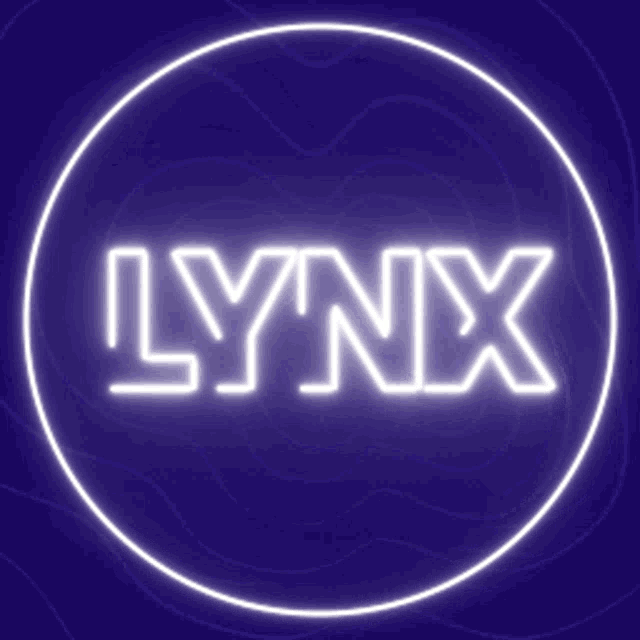 a neon sign that says lynx in a circle on a purple background