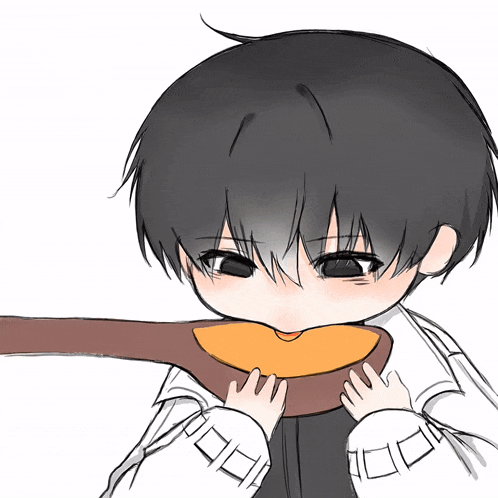 a drawing of a boy with black hair holding a spoon in his mouth