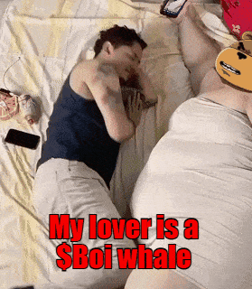 a man laying on a bed with the words my lover is a $ boi whale below him