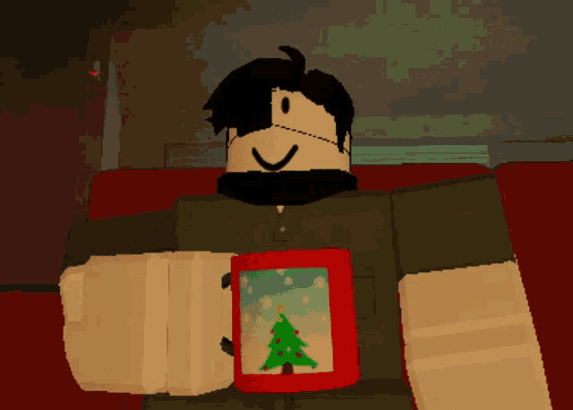 a cartoon character with a beard is holding a red mug with a christmas tree on it