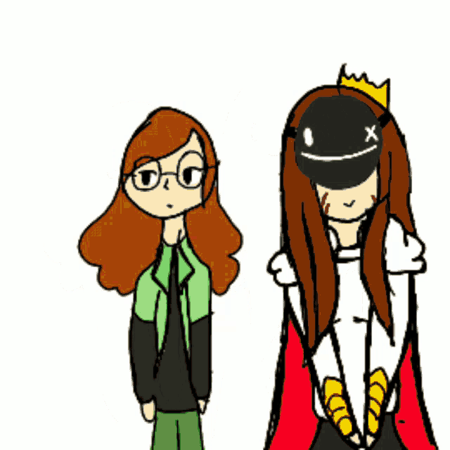 a drawing of two girls one wearing a mask