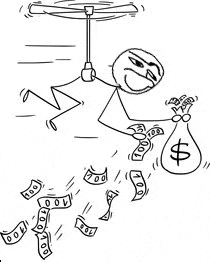 a stick figure is holding a bag of money and hanging from a helicopter .