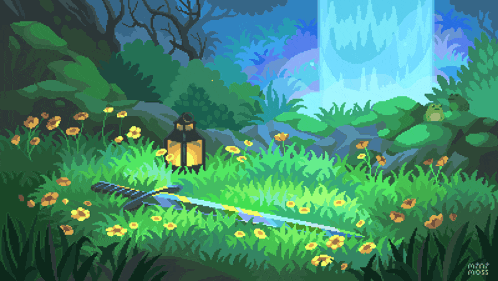 a pixel art drawing of a sword and a lantern in a forest
