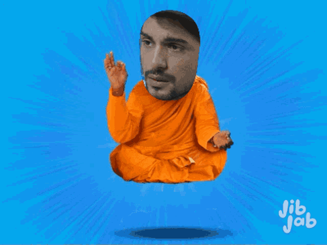 a man in an orange robe is floating in the air with jib jab written on the bottom