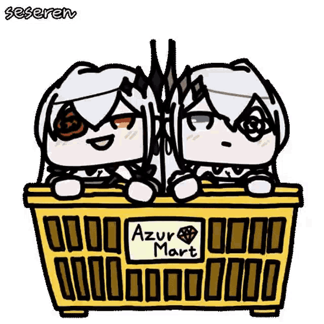 a couple of anime characters sitting in a yellow basket .