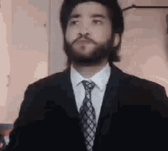 a man with a beard is wearing a suit and tie and looking at the camera .
