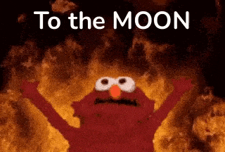 elmo from sesame street is standing in front of a fire with his arms outstretched and says `` to the moon '' .